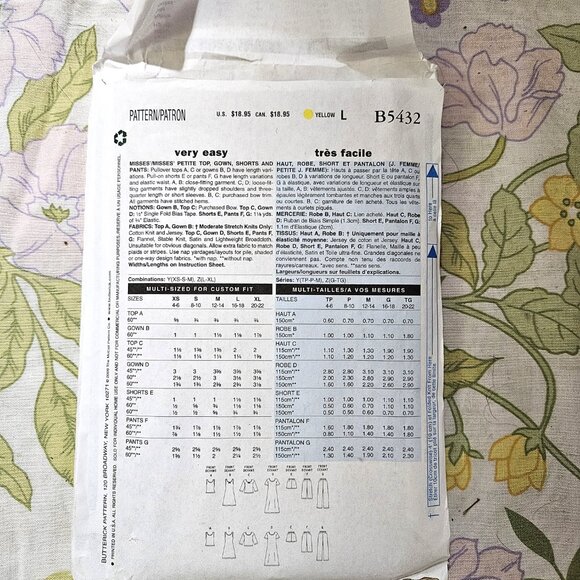 UNCUT Sewing Pattern Butterick 5432 Size L and XL Pajamas - Picture 2 of 3